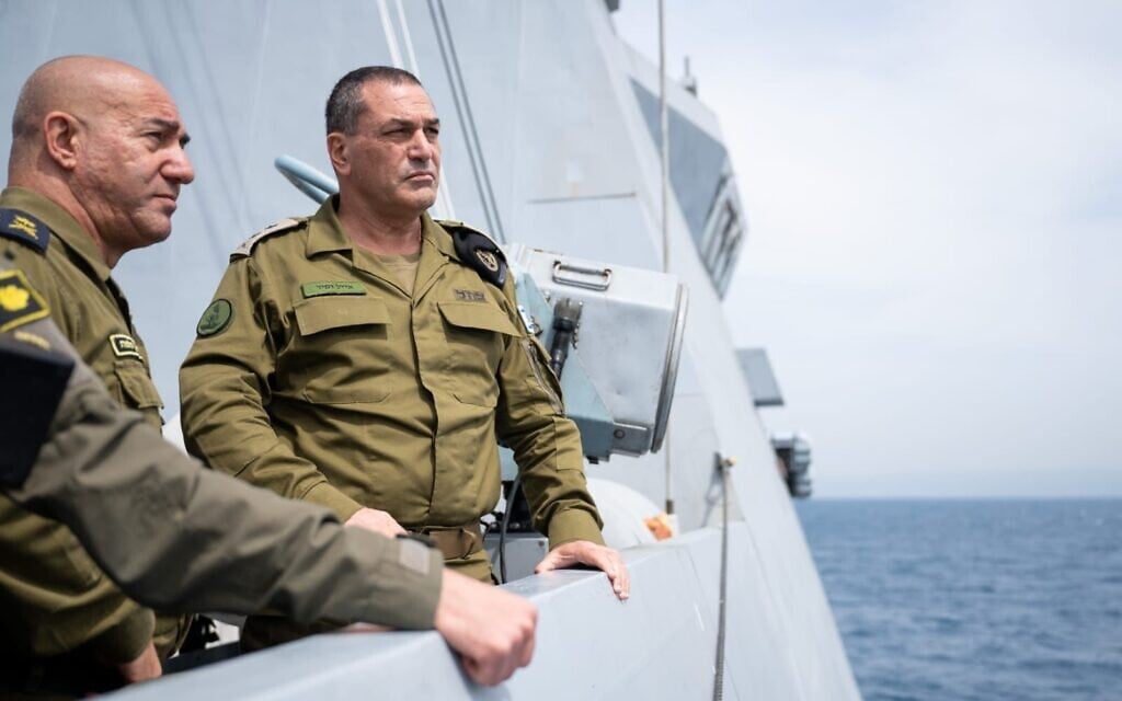IDF Chief of Staff Lt. Gen. Eyal Zamir (right) is seen alongside Navy chief Vice Adm. David Sa'ar Salama on an Israeli Navy corvette at the Haifa naval base, March 25, 2025. (Israel Defense Forces)