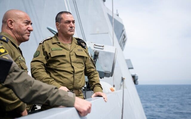 IDF Chief of Staff Lt. Gen. Eyal Zamir (right) is seen alongside Navy chief Vice Adm. David Sa'ar Salama on an Israeli Navy corvette at the Haifa naval base, March 25, 2025. (Israel Defense Forces) IDF Chief of Staff Lt. Gen. Eyal Zamir (right) is seen alongside Navy chief Vice Adm. David Sa'ar Salama on an Israeli Navy corvette at the Haifa naval base, March 25, 2025. (Israel Defense Forces)