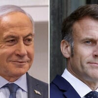 This combination image created April 15, 2025, shows Prime Minister Benjamin Netanyahu, left, as he arrives at the Tel Aviv District Court before the start of a hearing in his corruption trial, April 9, 2025 (Miriam Alster/Flash90); and French President Emmanuel Macron, right, as he waits to welcome Nechirvan Barzani, the president of Iraq's autonomous Kurdistan Region (not in picture) for a working lunch at the Elysee Palace in Paris, France April 14, 2025. (Ludovic Marin / AFP)