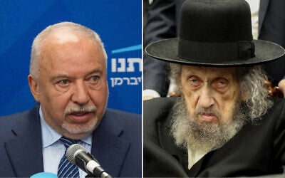 Yisrael Beytenu party chairman MK Avigdor Liberman (left) leads a faction meeting at the Knesset, in Jerusalem, on March 31, 2025. (Yonatan Sindel/ Flash90); Rabbi Dov Lando seen during a meeting to discuss the conscription of ultra-Orthodox Jews, in Bnei Brak, April 5, 2024. (Shlomi Cohen/Flash90)