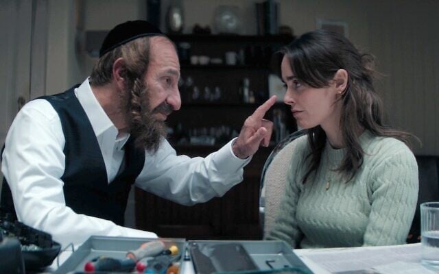 Gabay and Hadas Yaron play father and daughter in 'Kugel,' a new Israeli series set in the haredi Orthodox community of Antwerp. (Izzy via JTA)