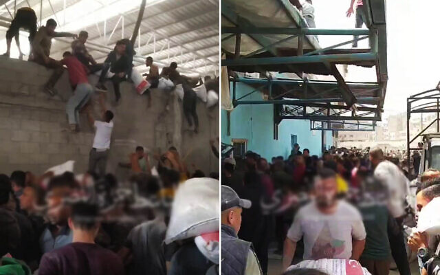 Palestinians entering an UNRWA warehouse in Gaza City, taking sacks of flour, on April 2, 2025. (Telegram, used in accordance with article 27a of the Copyright Law)