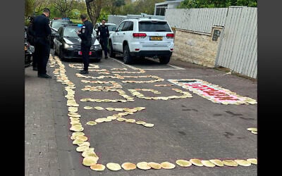 A protest made out of pita bread outside the house of Environment Minister Idit Silman on the festival of Passover on April 14, 2025 (Idit Silman/X)