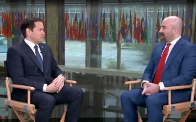 Secretary of State Marco Rubio talks to Michael Benz, a Jewish former Trump official with a Hitler-praising online alter ego, April 16, 2025. (Screen capture, US State Department)