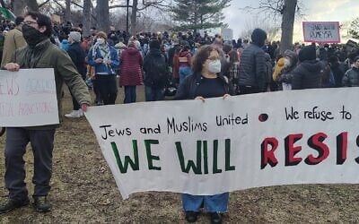 Jews attend a rally in support of detained anti-Israel Tufts University graduate student Rümeysa Öztürk in Somerville, Massachusetts, March 26, 2025. Several Jews later left the rally after speakers began denouncing Israel. (Courtesy of Ron Newman via JTA)