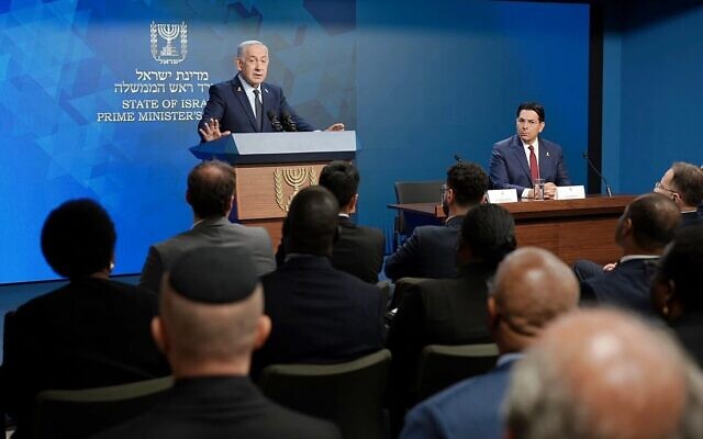 Prime Minister Benjamin Netanyahu (left) meets in Jerusalem with a delegation of United Nations ambassadors in Israel alongside Israeli envoy to the UN Danny Danon, April 27, 2025. (Courtesy, Danny Danon’s office) Prime Minister Benjamin Netanyahu (left) meets in Jerusalem with a delegation of United Nations ambassadors in Israel alongside Israeli envoy to the UN Danny Danon, April 27, 2025. (Courtesy, Danny Danon’s office)