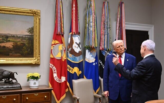 President Donald Trump and Prime Minister Benjamin Netanyahu talk in the White House, before meeting the press in the Oval Office, April 7, 2025. (Avi Ohayon / GPO) President Donald Trump and Prime Minister Benjamin Netanyahu talk in the White House, before meeting the press in the Oval Office, April 7, 2025. (Avi Ohayon / GPO)