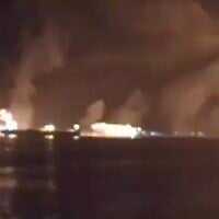 A screenshot of video purporting to show blazes at Yemen's Houthi-controlled Ras Isa oil port following US airstrikes, April 17, 2025. (X screenshot)