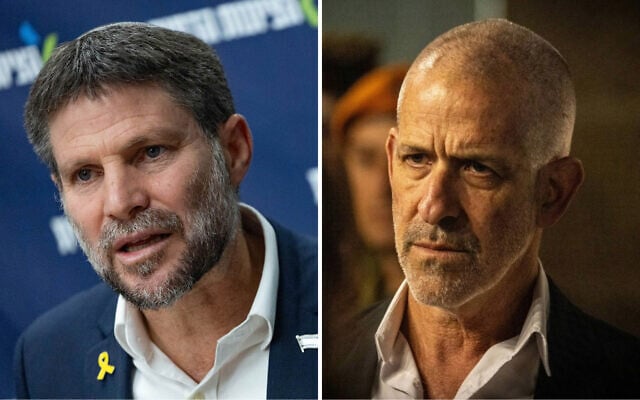 Left to right: Finance Minister Bezalel Smotrich leads a Religious Zionism faction meeting at the Knesset in Jerusalem, February 10, 2025. (Yonatan Sindel/Flash90); Ronen Bar, head of the Shin Bet security service, attends a ceremony held at the Yad Vashem Holocaust museum in Jerusalem, on Holocaust Remembrance Day, May 5, 2024. (Chaim Goldberg/Flash90) Left to right: Finance Minister Bezalel Smotrich leads a Religious Zionism faction meeting at the Knesset in Jerusalem, February 10, 2025. (Yonatan Sindel/Flash90); Ronen Bar, head of the Shin Bet security service, attends a ceremony held at the Yad Vashem Holocaust museum in Jerusalem, on Holocaust Remembrance Day, May 5, 2024. (Chaim Goldberg/Flash90)