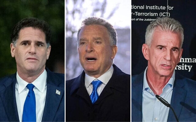 (R-L) Strategic Affairs Minister Ron Dermer, on December 29, 2022. (Yonatan Sindel/Flash90); Mossad chief David Barnea on September 10, 2023. (Avshalom Sassoni/Flash90); US special envoy to the Middle East Steve Witkoff, on March 19, 2025. (AP Photo/Mark Schiefelbein)