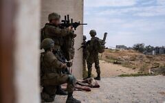 IDF troops operate in the Gaza Strip, in a handout photo issued by the military on April 17, 2025. (Israel Defense Forces)