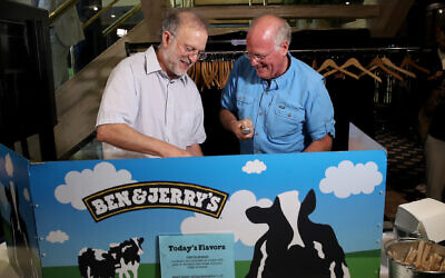 L to R: Jerry Greenfield and Ben Cohen, founders of Ben & Jerry's ice cream. (Ted Dully/The Boston Globe via Getty Images via JTA)