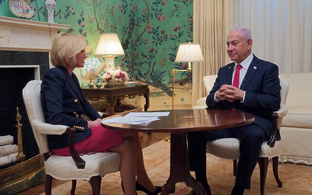 Prime Minister Benjamin Netanyahu (R) speaks to evangelical pastor and senior adviser to the White House Faith Office, Paula White (L) in an interview published April 11, 2025. (Screen capture via YouTube) Prime Minister Benjamin Netanyahu (R) speaks to evangelical pastor and senior adviser to the White House Faith Office, Paula White (L) in an interview published April 11, 2025. (Screen capture via YouTube)