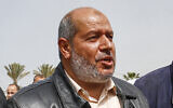 Hamas leader Khalil Al-Hayya is seen outside the VIP hall at the Rafah border crossing with Egypt in the southern Gaza Strip on March 15, 2021. (Said Khatib/AFP)