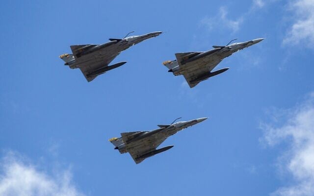 Colombian Air Force Kfir fighter jets fly in formation during the military parade to commemorate Colombia's Independence Day in Bogota on July 20, 2024. (Alejandro Martinez/AFP)