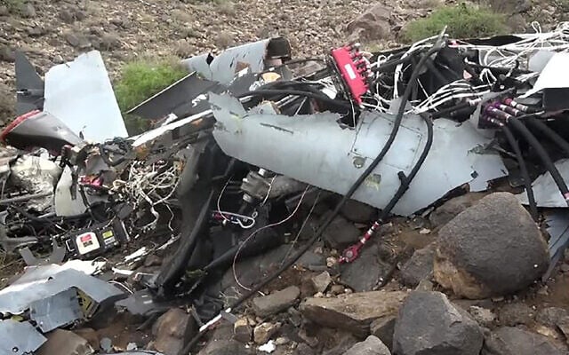 This handout picture released on August 4, 2024, shows the alleged wreckage of a US MQ-9 Reaper drone shot down by Yemen's Houthis over Saada governorate. (Photo by ANSARULLAH MEDIA CENTRE / AFP)