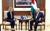 This handout picture provided by the Palestinian Authority's press office (PPO) shows Palestinian Authority President Mahmud Abbas (R) meeting with EU foreign policy chief Kaja Kallas in Ramallah on March 24, 2025. (Thaer Ghanaim / PPO / AFP) /