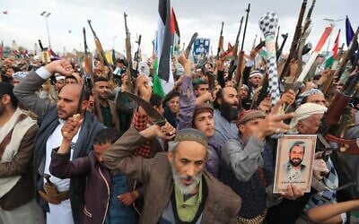 Supporters of Yemen's Houthi rebels attend a pro-Palestinian, anti-Israel gathering to mark International Quds (Jerusalem) Day commemorations in Sanaa, Yemen, March 28, 2025 (Mohammed Huwais / AFP)