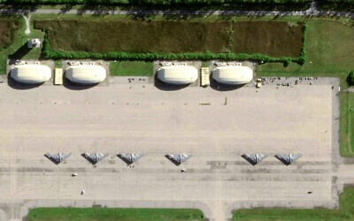 This satellite image released and taken on April 2, 2025 by Planet Labs PBC shows six American B-2 bomber planes on the tarmac of Mauritius' US military base on Diego Garcia island. ( Handout / Planet Labs / AFP)