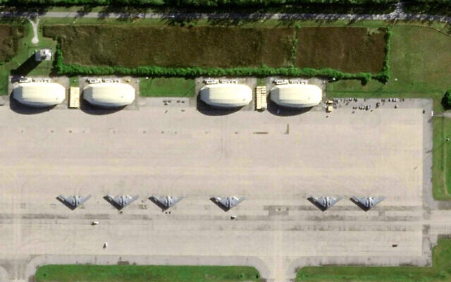 This satellite image released and taken on April 2, 2025 by Planet Labs PBC shows six American B-2 bomber planes on the tarmac of Mauritius' US military base on Diego Garcia island. ( Handout / Planet Labs / AFP)