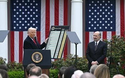 US President Donald Trump delivers remarks on reciprocal tariffs during an event in the Rose Garden entitled 'Make America Wealthy Again,' at the White House in Washington, on April 2, 2025. (Brendan Smialowski/AFP)