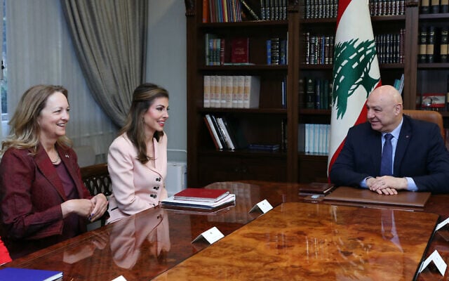 A handout photo provided by the Lebanese Presidency on April 5, 2025, shows Lebanon's President Joseph Aoun (R) meeting with US Deputy Special Envoy for the Middle East Morgan Ortagus (C) at the Presidential Palace in Baabda, Lebanon. (Lebanese Presidency / AFP) A handout photo provided by the Lebanese Presidency on April 5, 2025, shows Lebanon's President Joseph Aoun (R) meeting with US Deputy Special Envoy for the Middle East Morgan Ortagus (C) at the Presidential Palace in Baabda, Lebanon. (Lebanese Presidency / AFP)
