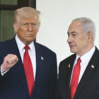 US President Donald Trump (left) welcomes Prime Minister Benjamin Netanyahu to the White House in Washington on April 7, 2025. (Brendan Smialowski/AFP)