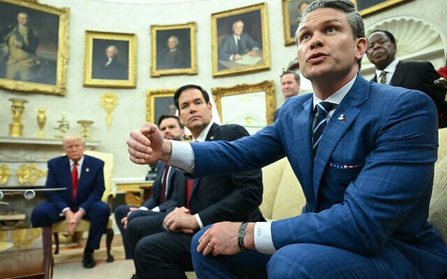 US Secretary of Defense Pete Hegseth (R) speaks as, L-R, US President Donald Trump, Vice President JD Vance and Secretary of State Marco Rubio look on during a meeting with Israeli Prime Minister Benjamin Netanyahu in the Oval Office of the White House in Washington, DC, on April 7, 2025. (SAUL LOEB / AFP)