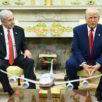 US President Donald Trump, right, meets with Israeli Prime Minister Benjamin Netanyahu in the Oval Office of the White House in Washington, DC, on April 7, 2025. (Saul Loeb / AFP)