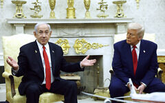 Prime Minister Benjamin Netanyahu, left, speaks alongside US President Donald Trump during a meeting in the Oval Office of the White House  in Washington, DC, on April 7, 2025. (Kevin Dietsch / Getty Images via AFP)