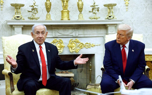 Prime Minister Benjamin Netanyahu, left, speaks alongside US President Donald Trump during a meeting in the Oval Office of the White House in Washington, DC, on April 7, 2025. (Kevin Dietsch / Getty Images via AFP) Prime Minister Benjamin Netanyahu, left, speaks alongside US President Donald Trump during a meeting in the Oval Office of the White House in Washington, DC, on April 7, 2025. (Kevin Dietsch / Getty Images via AFP)