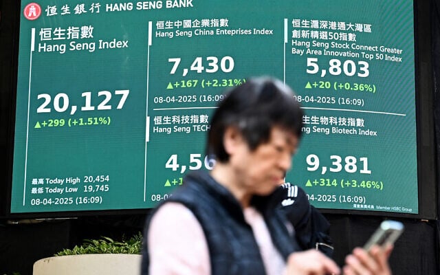 A woman checks her phone in front of an electronic sign board showing the closing price of the Heng Seng Index in Hong Kong on April 8, 2025. Asian and European markets battled on April 8 to recover from the previous day's tariff-fuelled collapse, though Donald Trump's warning of more measures against China and Beijing's vow to "fight to the end" raised concerns of a spiralling trade war. (Photo by Peter PARKS / AFP)