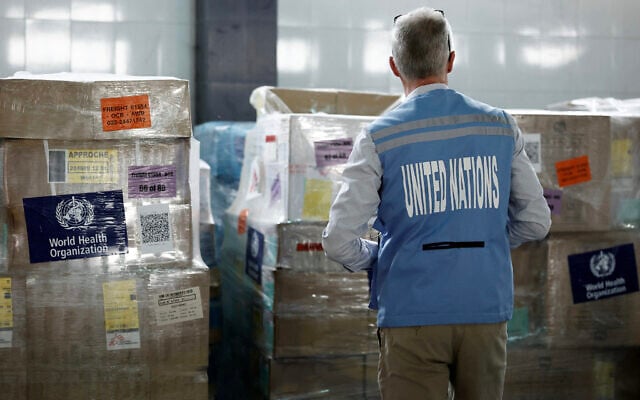 A UN staff member stands in front of humanitarian supplies for Gaza stored at Egyptian Red Crescent warehouses storing aid for Gaza, in the Egyptian border town of El-Arish, on April 8, 2025. (Photo by Benoit Tessier / POOL / AFP)