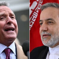 This combination of file photos created on April 9, 2025, shows US Middle East envoy Steve Witkoff speaking to reporters outside the West Wing of the White House in Washington, DC, on March 6, 2025 (L), and Iran's Foreign Minister Abbas Araghchi speaking to AFP during an interview at the Iranian consulate in Jeddah, Saudi Arabia, March 7, 2025. (Mandel Ngan and Amer Hilabi / AFP)