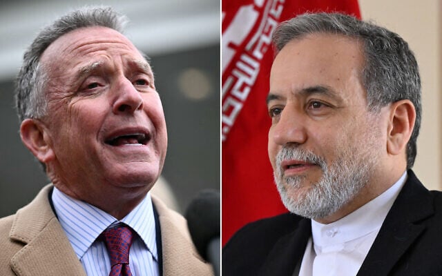 This combination of file photos created on April 9, 2025, shows US Middle East envoy Steve Witkoff speaking to reporters outside the West Wing of the White House in Washington, DC, on March 6, 2025 (L), and Iran's Foreign Minister Abbas Araghchi speaking to AFP during an interview at the Iranian consulate in Jeddah, Saudi Arabia, March 7, 2025. (Mandel Ngan and Amer Hilabi / AFP)