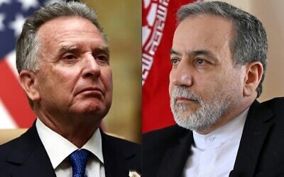 This combination of pictures shows US Middle East envoy Steve Witkoff after a meeting with Russian officials at Diriyah Palace, in Riyadh, Saudi Arabia, on February 18, 2025 (L); and Iran's Foreign Minister Abbas Araghchi speaking to AFP during an interview at the Iranian consulate in Jeddah on March 7, 2025. (Photo by EVELYN HOCKSTEIN and Amer HILABI / various sources / AFP)