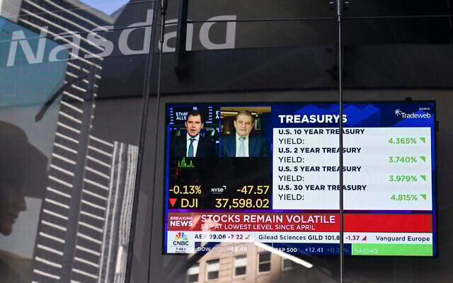 A television screen displays market news at the NASDAQ MarketSite in Times Square, New York City on April 9, 2025. (ANGELA WEISS / AFP)