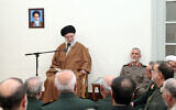 This handout picture provided by the office of Iran's Supreme Leader Ayatollah Ali Khamenei shows him addressing a meeting with a group of armed forces commanders and clerics in Tehran on April 13, 2025. (KHAMENEI.IR / AFP)