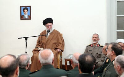 This handout picture provided by the office of Iran's Supreme Leader Ayatollah Ali Khamenei shows him addressing a meeting with a group of armed forces commanders and clerics in Tehran on April 13, 2025. (KHAMENEI.IR / AFP)
