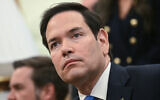US Secretary of State Marco Rubio listens as President Donald Trump meets with El Salvador's President Nayib Bukele in the Oval Office of the White House in Washington, April 14, 2025. (Brendan Smialowski/AFP)