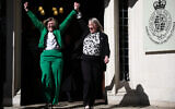 Susan Smith (L) and Marion Calder, directors of For Women Scotland celebrate as they leave Britain's Supreme Court in London on April 16, 2025, following the court's ruling on how to define a 'woman'. (HENRY NICHOLLS / AFP)