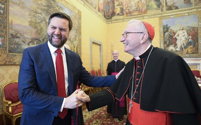 This photo taken and handout on April 19, 2025 by The Vatican Media shows The Vatican's Cardinal Secretary of State Pietro Parolin welcoming US Vice-President JD Vance at the Vatican (Handout / VATICAN MEDIA / AFP)