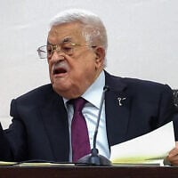 Palestinian Authority President Mahmoud Abbas speaks during the 32nd Palestinian Liberation Organization (PLO) Central Council session in Ramallah on April 23, 2025. (Zain JAAFAR / AFP)