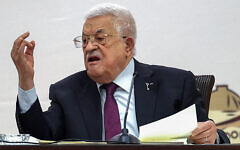 Palestinian Authority President Mahmoud Abbas speaks during the 32nd Palestinian Liberation Organization (PLO) Central Council session in Ramallah on April 23, 2025. (Zain JAAFAR / AFP)