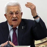 Palestinian Authority President Mahmoud Abbas speaks during the 32nd Palestinian Liberation Organization (PLO) Central Council session in Ramallah on April 23, 2025. (Zain Jaafar/AFP)