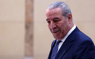 Secretary-general of the Executive Committee of the Palestine Liberation Organization, Hussein al-Sheikh, attends the 32nd PLO Central Council session in Ramallah on April 23, 2025. (Zain Jaafar/AFP)