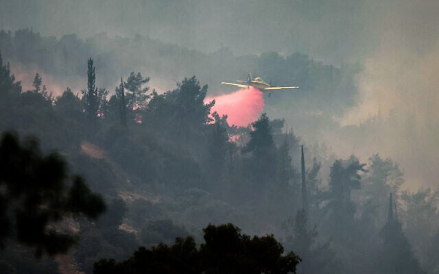 An Air Tractor AT-802AF firefighting aircraft drops flame retardant while trying to extinguish a forest fire near the central Israeli town of Beit Shemesh, near Jerusalem on April 23, 2025. (Ahmad GHARABLI / AFP)