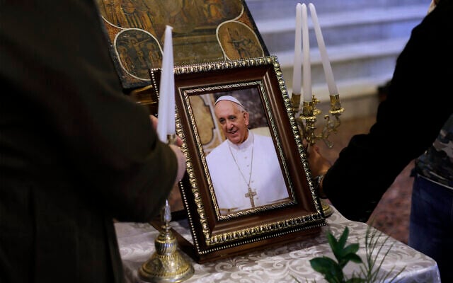 Christian worshippers attend a memorial mass for the late Pope Francis at the Melkite Greek Catholic Cathedral of St Elias in Israel's northern city of Haifa on April 24, 2025. (Jalaa Marey / AFP)