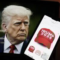 This photo illustration, taken on April 24, 2025, in Washington, DC, shows an image of US President Donald Trump alongside a smartphone displaying a red 'Trump 2028' cap on the Trump Store website (Oliver Contreras / AFP)