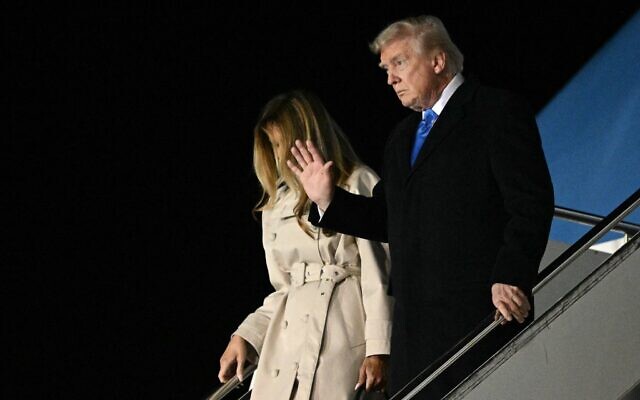 US President Donald Trump and First Lady Melania Trump step off Air Force One upon arrival at Leonardo da Vinci International Airport in Rome on April 25, 2025. (Mandel Ngan/AFP) US President Donald Trump and First Lady Melania Trump step off Air Force One upon arrival at Leonardo da Vinci International Airport in Rome on April 25, 2025. (Mandel Ngan/AFP)